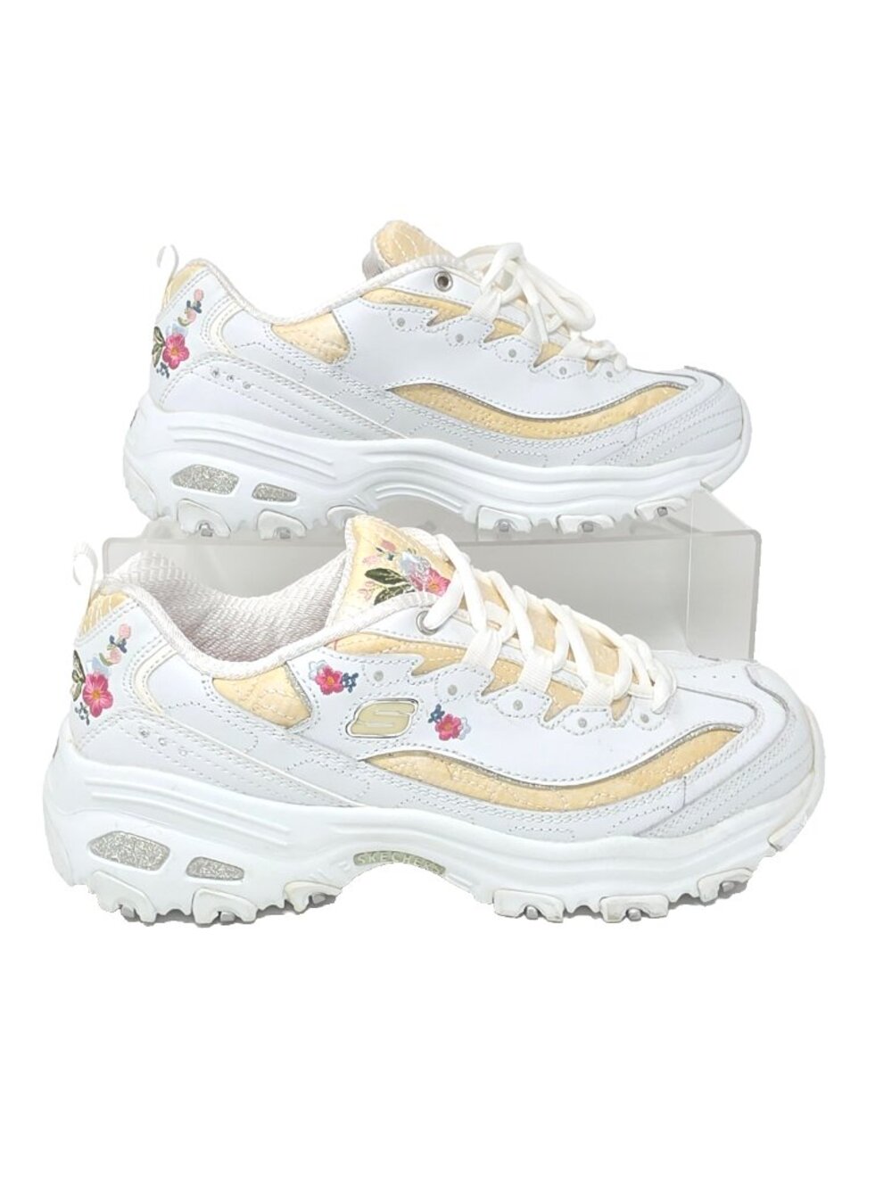 Skechers White Sneakers with Gold Accents and Pink Floral Embroidery